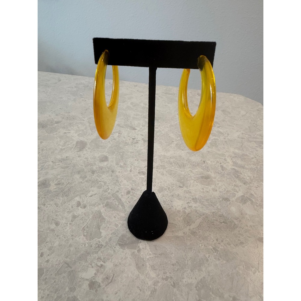 Vintage Translucent Yellow Acrylic Hoop Earrings Retro Resin Crescent Post 1980s